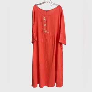 Women's Gauze Floral Embroidered Orange Midi Dress Size 5XL Crinkle Textured